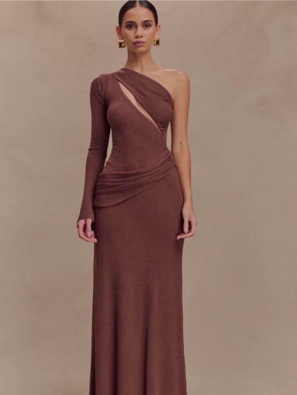 Meshki One-Shoulder Cutout Brown Gown